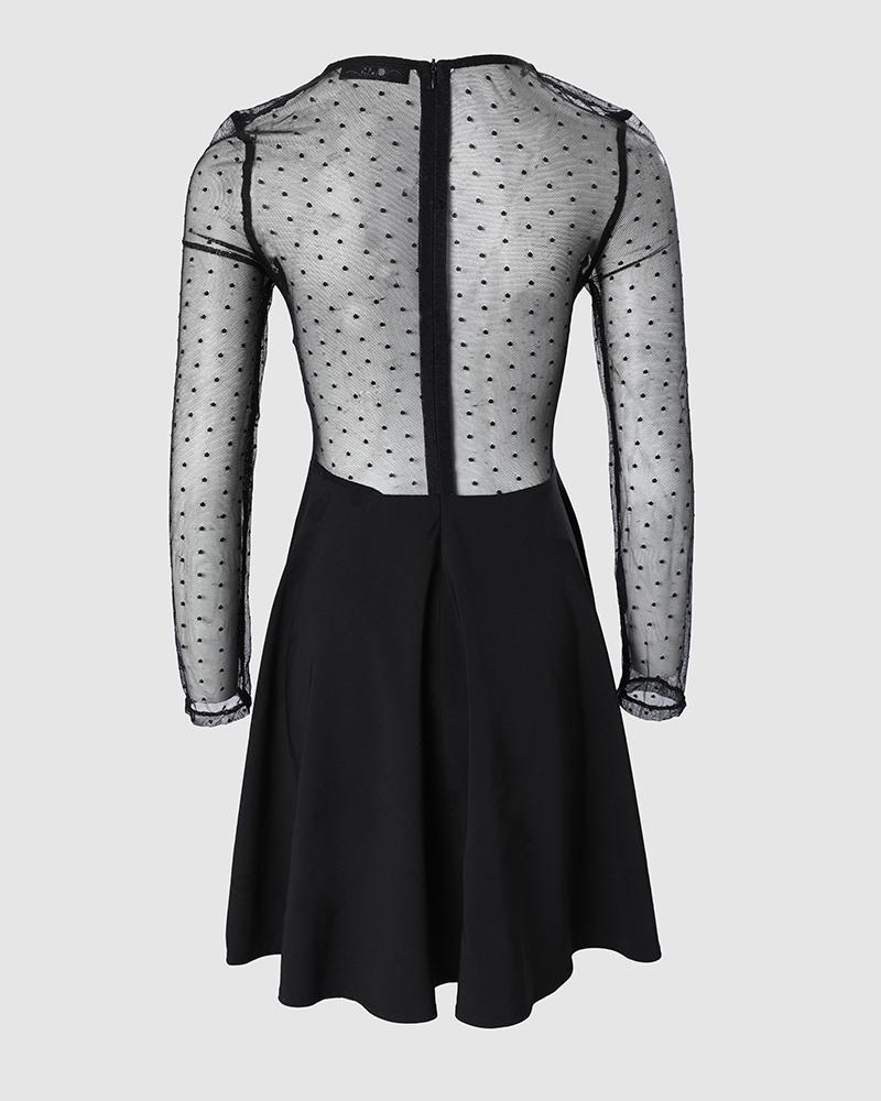 Dot Mesh Ruffles Long Sleeve Dress