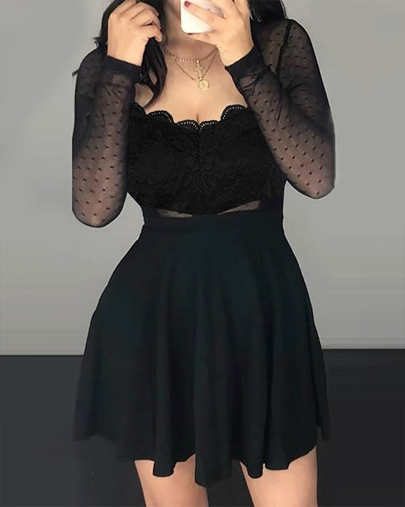 Dot Mesh Ruffles Long Sleeve Dress