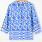 Blue Boho Printed 3/4 Sleeve Tied Neck Blouse