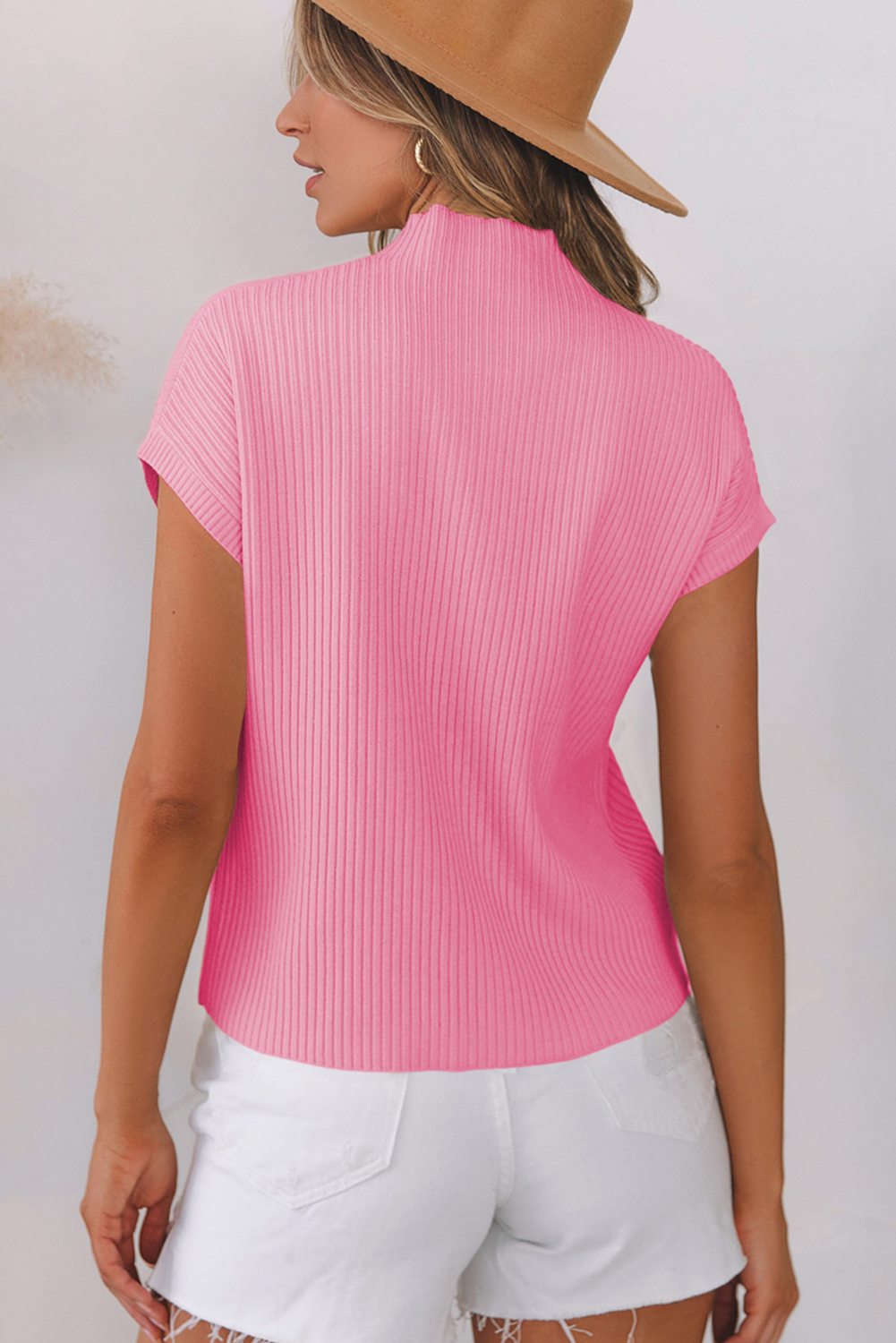 Pink Sequin Bunny Doll Graphic Ribbed High Neck Short Sleeve Sweater