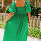 Bright Green Ruched Front Puff Sleeve Plus Size Long Dress