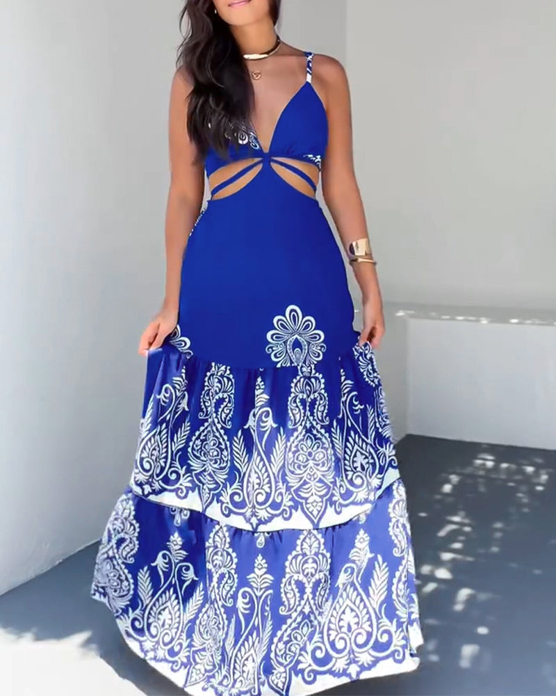 Floral Print Plunge V Neck Adjustable Spaghetti Strap Dress Casual Hollow Out A Line Vacation Dress