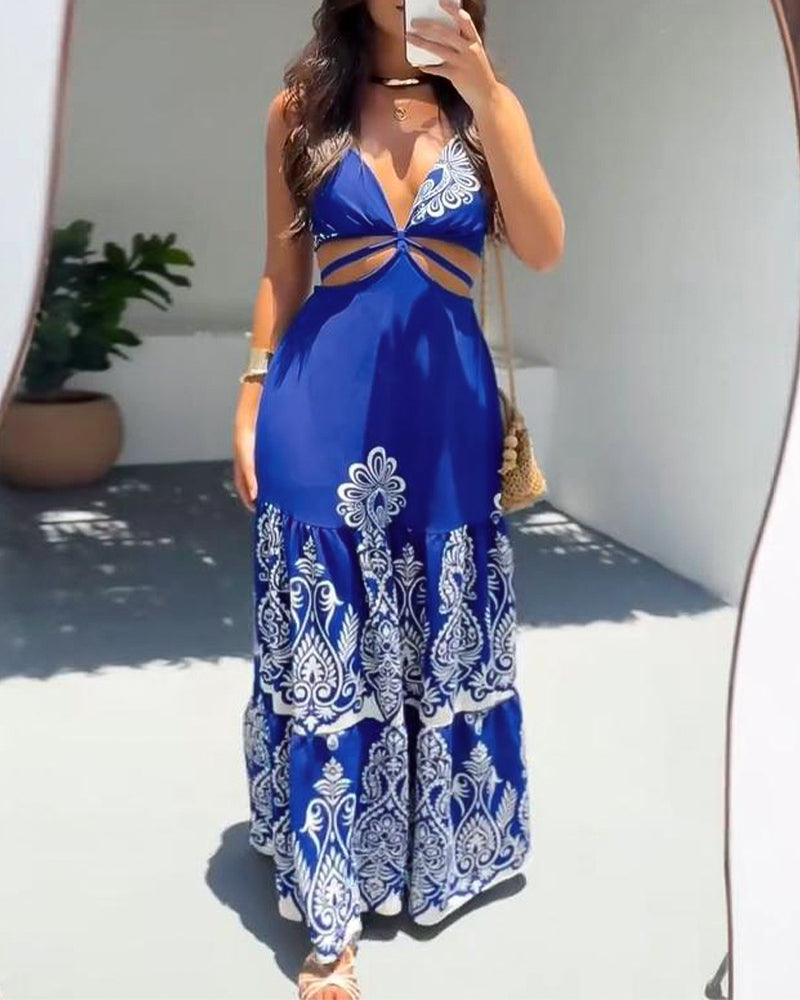 Floral Print Plunge V Neck Adjustable Spaghetti Strap Dress Casual Hollow Out A Line Vacation Dress