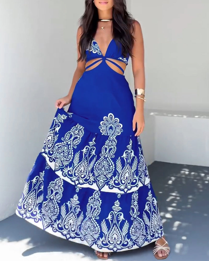 Floral Print Plunge V Neck Adjustable Spaghetti Strap Dress Casual Hollow Out A Line Vacation Dress