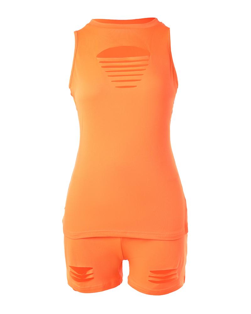 Ladder Cutout Tank Top & Drawstring Shorts Set