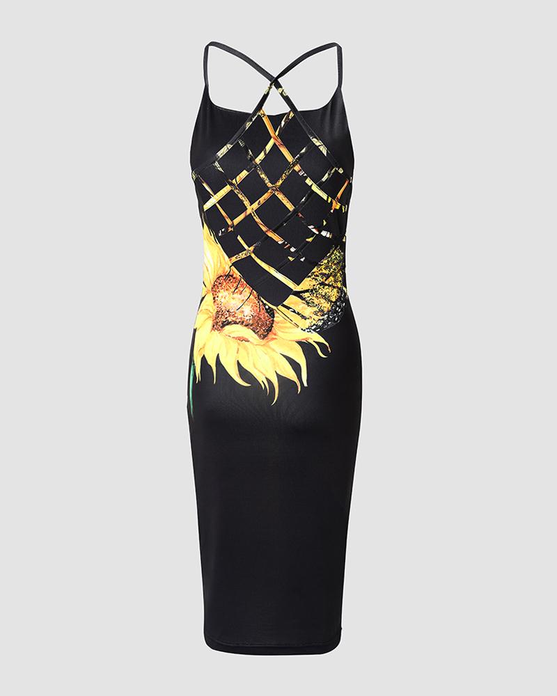 Butterfly Sunflower Print Fishnet Backless Bodycon Dress