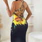 Butterfly Sunflower Print Fishnet Backless Bodycon Dress