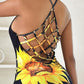 Butterfly Sunflower Print Fishnet Backless Bodycon Dress