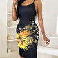 Butterfly Sunflower Print Fishnet Backless Bodycon Dress