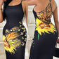 Butterfly Sunflower Print Fishnet Backless Bodycon Dress
