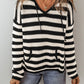 White Stripe V Neck Pocketed Drawstring Hooded Sweater