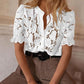 Lace Round Neck Puff Sleeve Button Front Blouse Casual See Through Top
