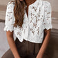 Lace Round Neck Puff Sleeve Button Front Blouse Casual See Through Top