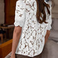 Lace Round Neck Puff Sleeve Button Front Blouse Casual See Through Top