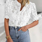 Lace Round Neck Puff Sleeve Button Front Blouse Casual See Through Top