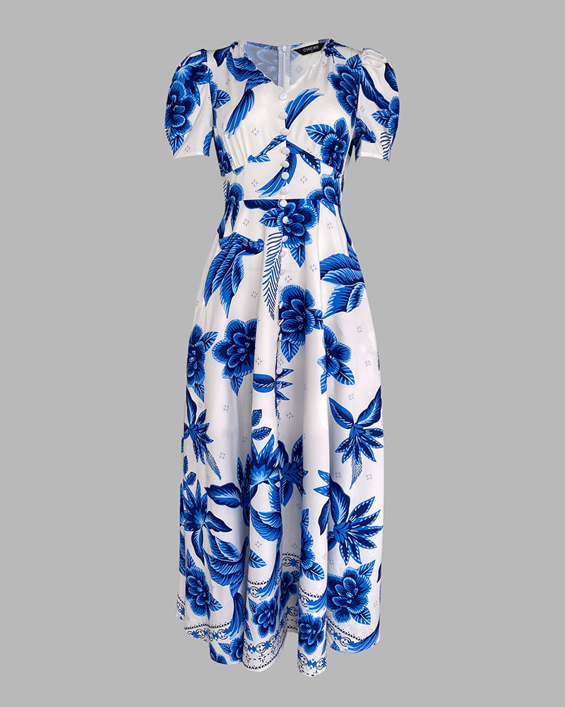 Floral Print V Neck Puff Sleeve Button Decor Dress Casual Waist A Line Dress