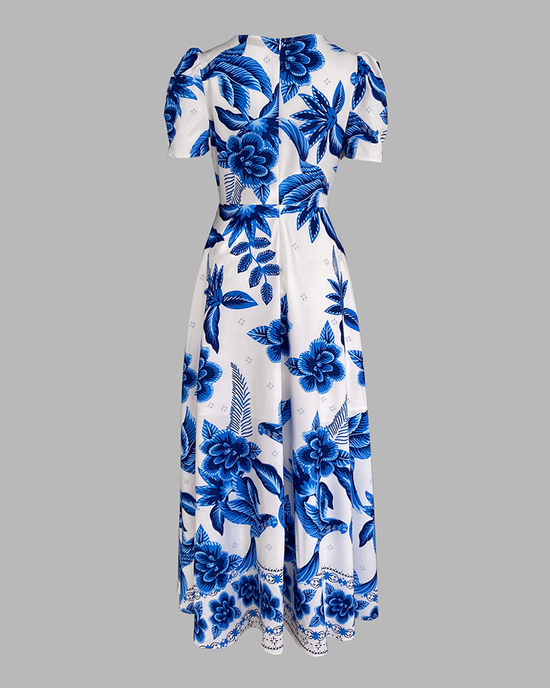 Floral Print V Neck Puff Sleeve Button Decor Dress Casual Waist A Line Dress