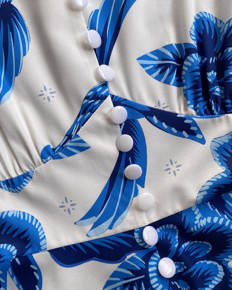 Floral Print V Neck Puff Sleeve Button Decor Dress Casual Waist A Line Dress