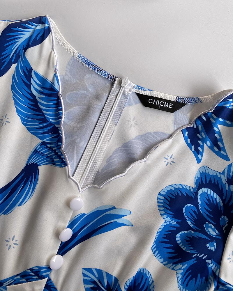 Floral Print V Neck Puff Sleeve Button Decor Dress Casual Waist A Line Dress