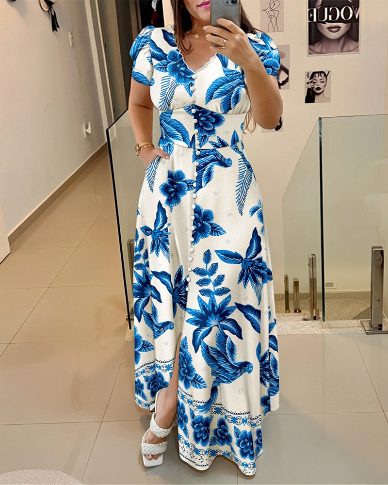 Floral Print V Neck Puff Sleeve Button Decor Dress Casual Waist A Line Dress