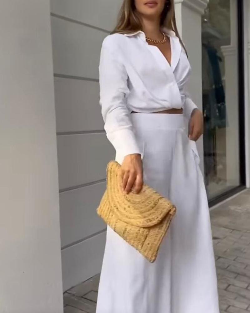 Ruched Long Sleeve Shirt & Wide Leg Asymmetrical Pants Set