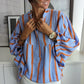 Sky Blue Stripe Crinckled Ruffled Sleeve Button up Loose Shirt