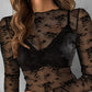 Sheer Mesh Long Sleeve Lace Shirt Sexy See Through Slim Fit Tee