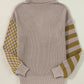 Smoke Gray Striped Plaid Patchwork Waffle Knit Turtleneck Sweater