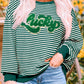 Green Stripe Chenille Lucky Letter Patched Drop Shoulder Long Sleeve Top