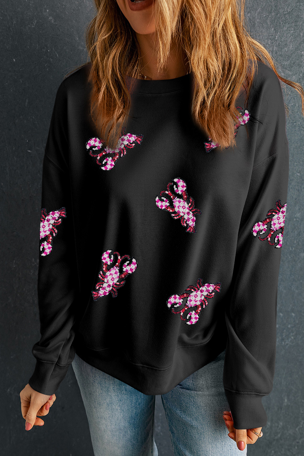 Black Sequined Crawfish Graphic Drop Shoulder Sweatshirt