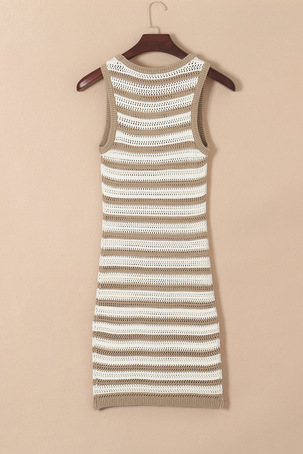 Khaki Stripe Hollowed Knit Sleeveless Sweater Dress