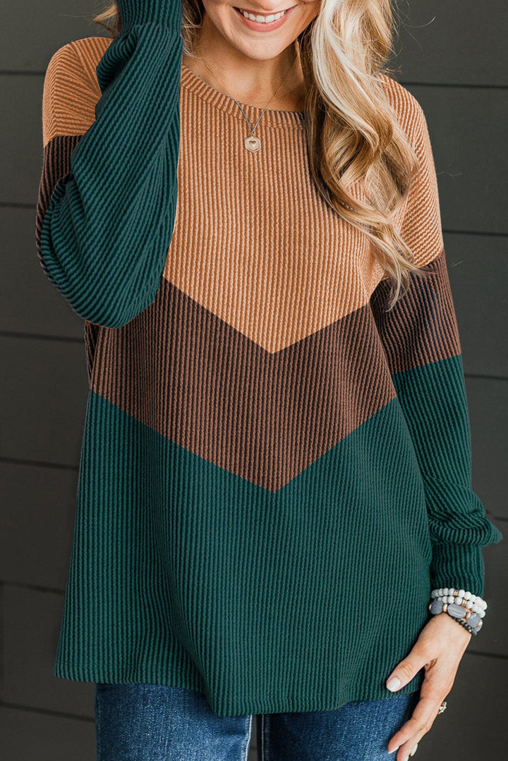 Blackish Green Color Block Corded Texture Long Sleeve Top
