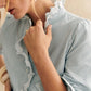 Sky Blue Stripe Frilled Trim Button Up Long Sleeve Shirt