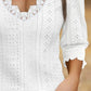 Deep V Neck Contrast Lace Three Quarters Sleeves Tee Casual Shirred & Frill Hem Cuffs Breathable Top