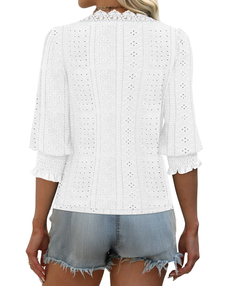 Deep V Neck Contrast Lace Three Quarters Sleeves Tee Casual Shirred & Frill Hem Cuffs Breathable Top