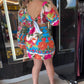 Tropical Print Shirred Puff Sleeve Dress