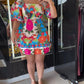Tropical Print Shirred Puff Sleeve Dress