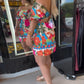 Tropical Print Shirred Puff Sleeve Dress