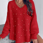 Beaded Decor V neckline Long Sleeve Fluffy Oversized Sweater