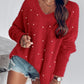 Beaded Decor V neckline Long Sleeve Fluffy Oversized Sweater