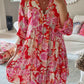 Red Floral Print High Waist V Neck Babydoll Mini Dress