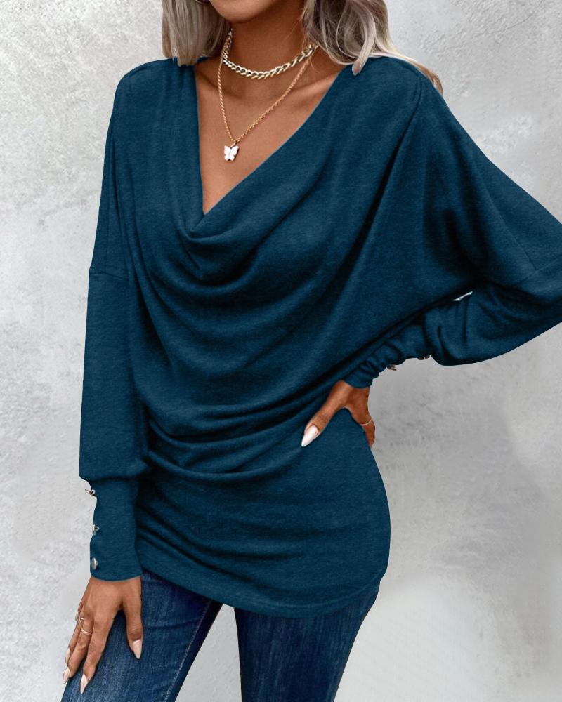 Cowl Neck Batwing Sleeve Ruched T Shirt Casual Slim Fit Top