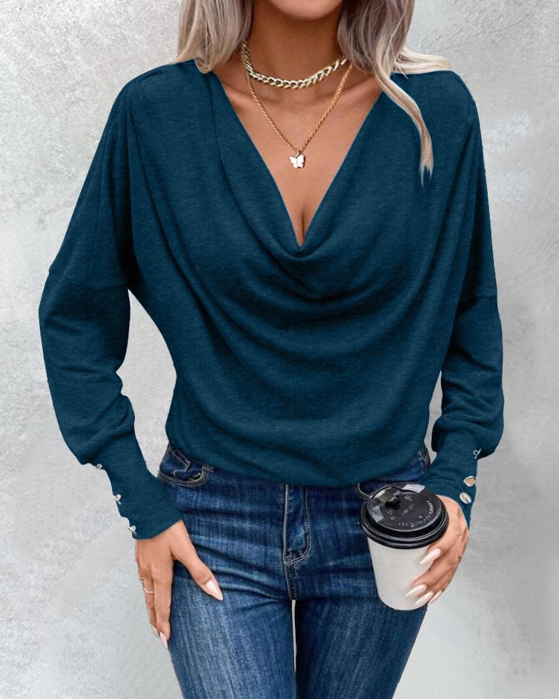 Cowl Neck Batwing Sleeve Ruched T Shirt Casual Slim Fit Top