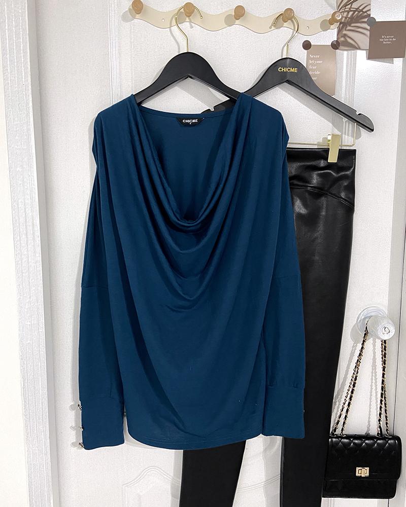 Cowl Neck Batwing Sleeve Ruched T Shirt Casual Slim Fit Top