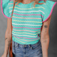 Green Colorful Striped Eyelet Knit Ruffled Sleeve Sweater T Shirt