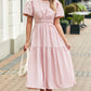 Pink Puff Sleeve Pleated High Waist Flowy Long Dress