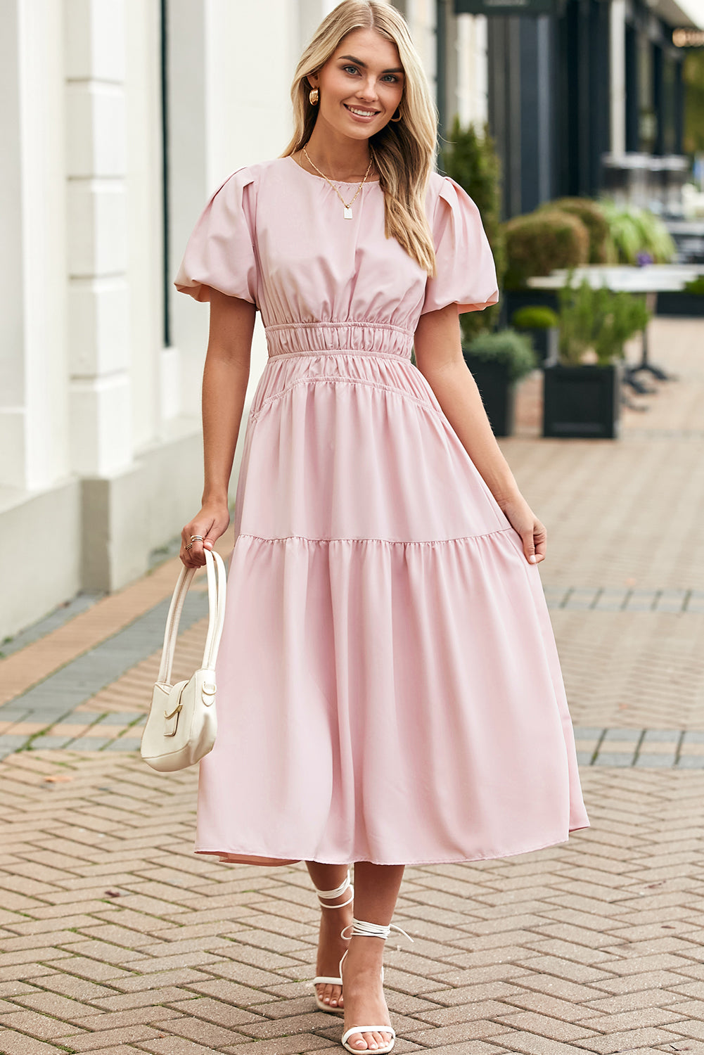 Pink Puff Sleeve Pleated High Waist Flowy Long Dress