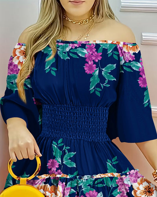 Floral Print Shirred Off Shoulder Dress