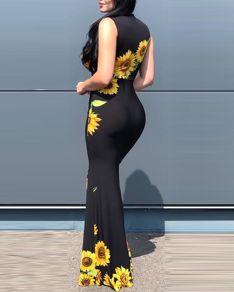 Plunge Sunflower Print High Slit Party Dress
