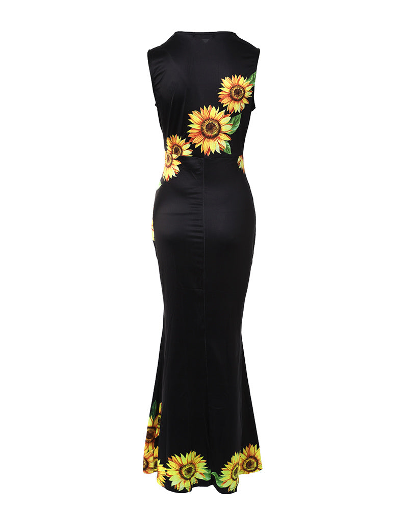 Plunge Sunflower Print High Slit Party Dress
